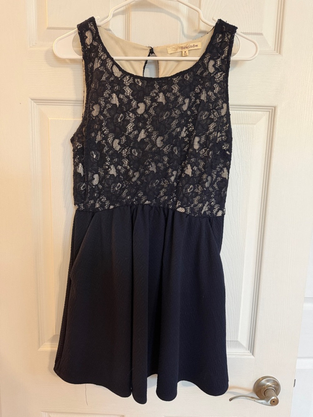 Rewind Navy Blue Lace Top Midi Dress with Pockets